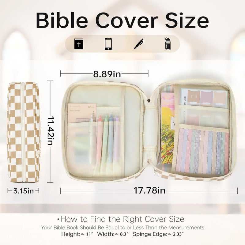YKFLY Bible Cover Case for Women Corduroy Bible Case for Girls Checkered Large Bible Cover with Handle Bible Study Supplies Accessories Christian Gifts for Women (Khaki, Medium) - Image 3